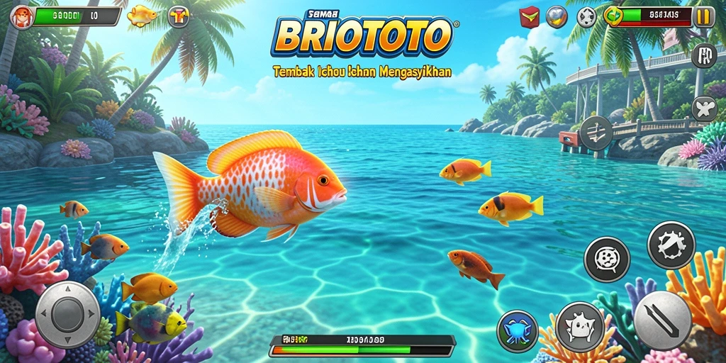 Screenshot gameplay BRIOTOTO dengan aksi menembak ikan yang seru.