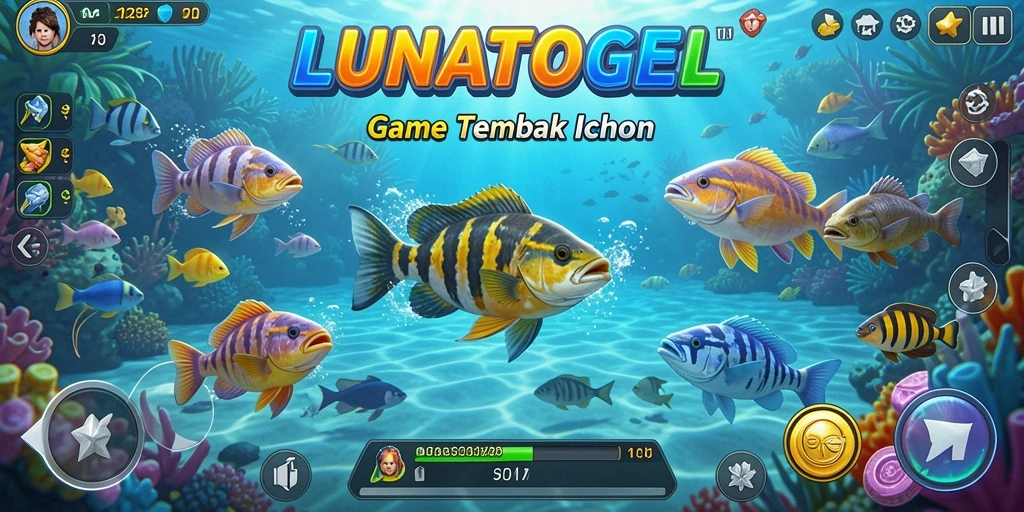 Tampilan gameplay seru LUNATOGEL dengan berbagai ikan dan senjata.