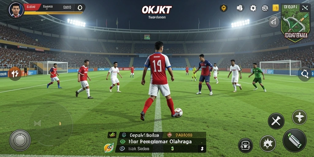 Screenshot gameplay OKJKT yang menampilkan aksi seru pertandingan sepak bola.