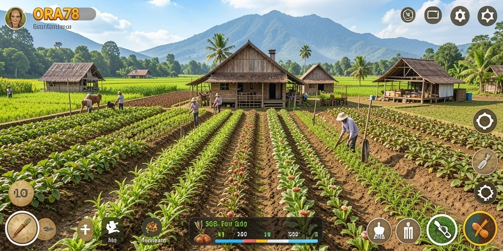 Tampilan gameplay menarik dari ORA78 dengan berbagai tanaman untuk dipanen.